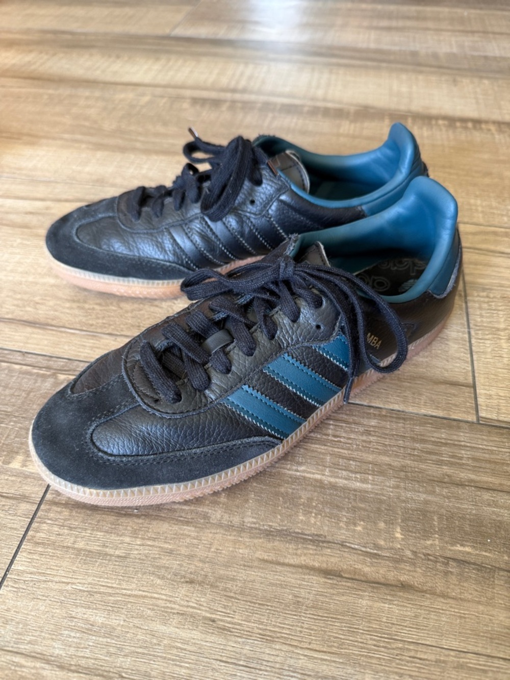 adidas Black Leather Sneakers with Blue Stripes